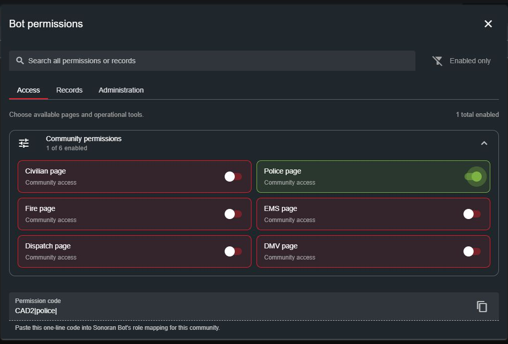 Bot permission builder with Police page access enabled