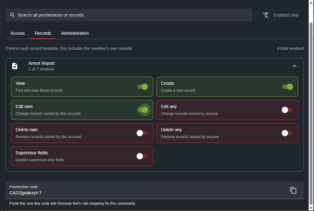 Arrest Report permissions with View, Create, and Edit own enabled and the generated permission code below